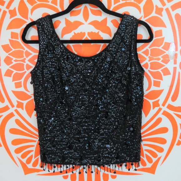 no brand Tops - Vintage 50's/60's Black Beaded Sleeveless Top S/M